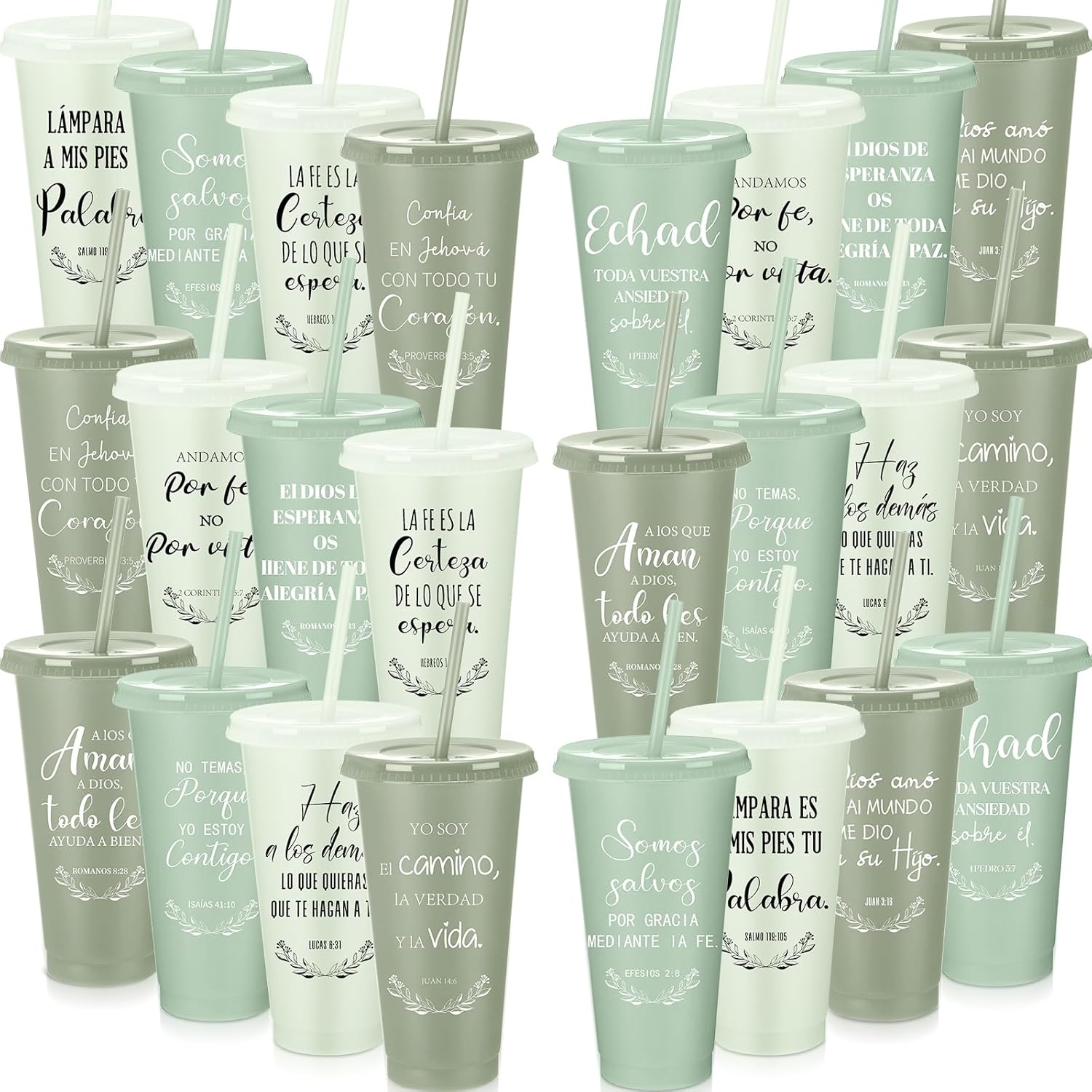 24 Packs Inspirational Christian Gift Spanish Bible Verse Cup Bulk 24oz Religious Plastic Tumbler with Lid Straw for Easter Church (Yellow,Pink,Purple,Orange,Red,Black,White,Green)