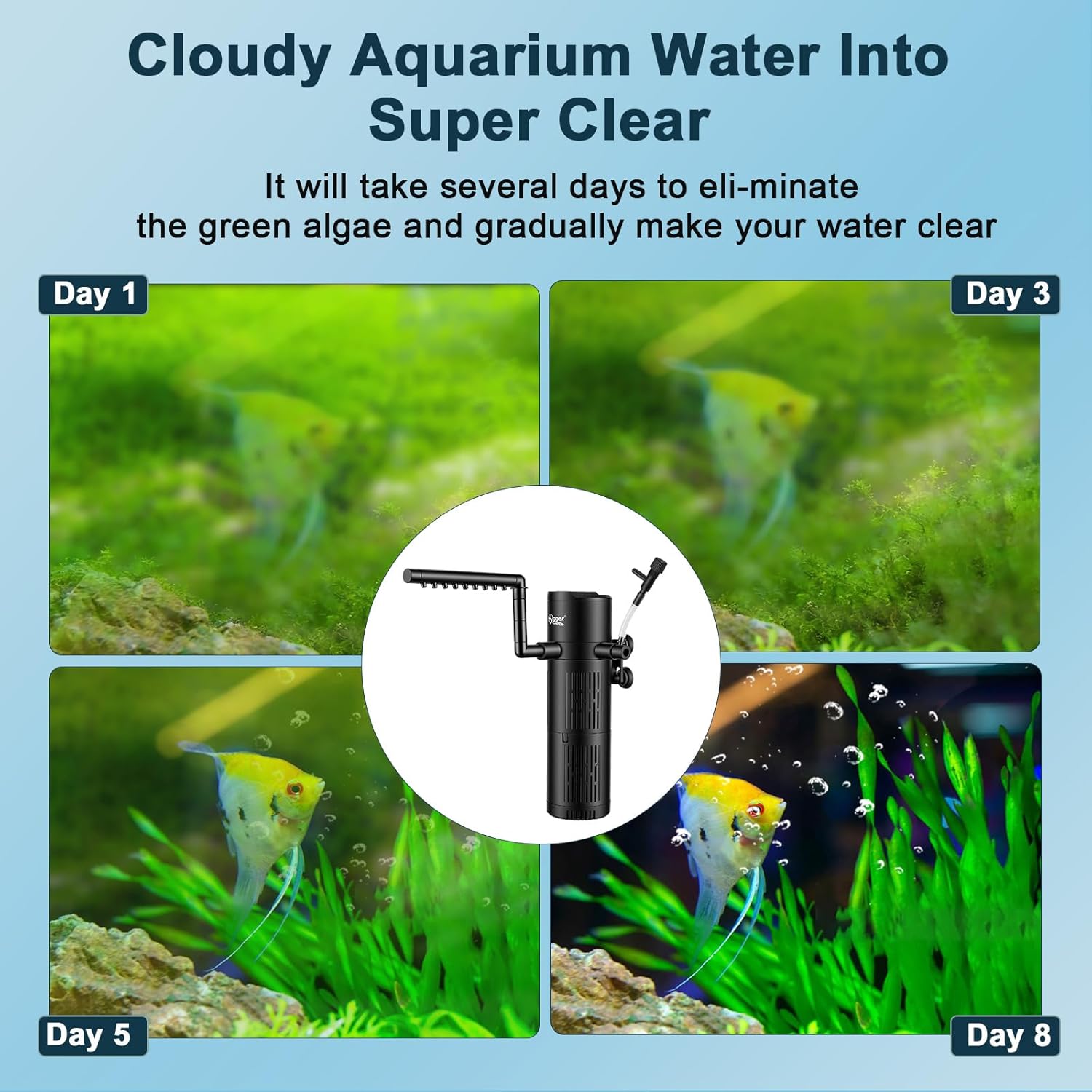 hygger Aquarium U-V Filter with Filter Sponge, U-V Light & Timer, Submersible Pump Filter for Green Water Clean, Internal Filter with Aeration & Rainfall for Fish Tank