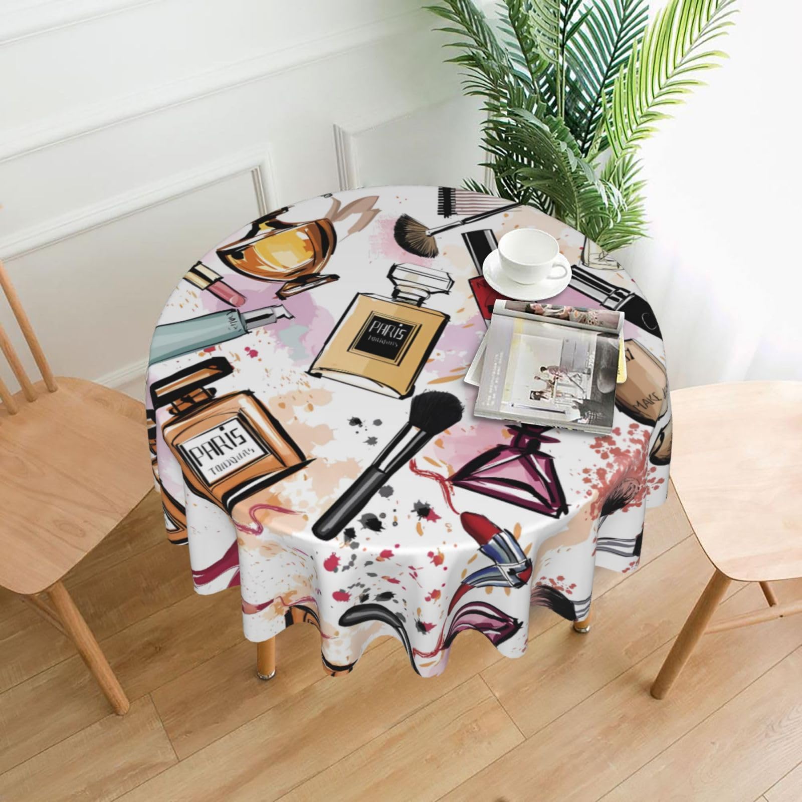 WHJSSF Cosmetic And Makeup Theme Pattern Prints Round Decorative Table Throw 60 Inch – Waterproof Table Cover for Dining, Coffee Tables, and Outdoor Events