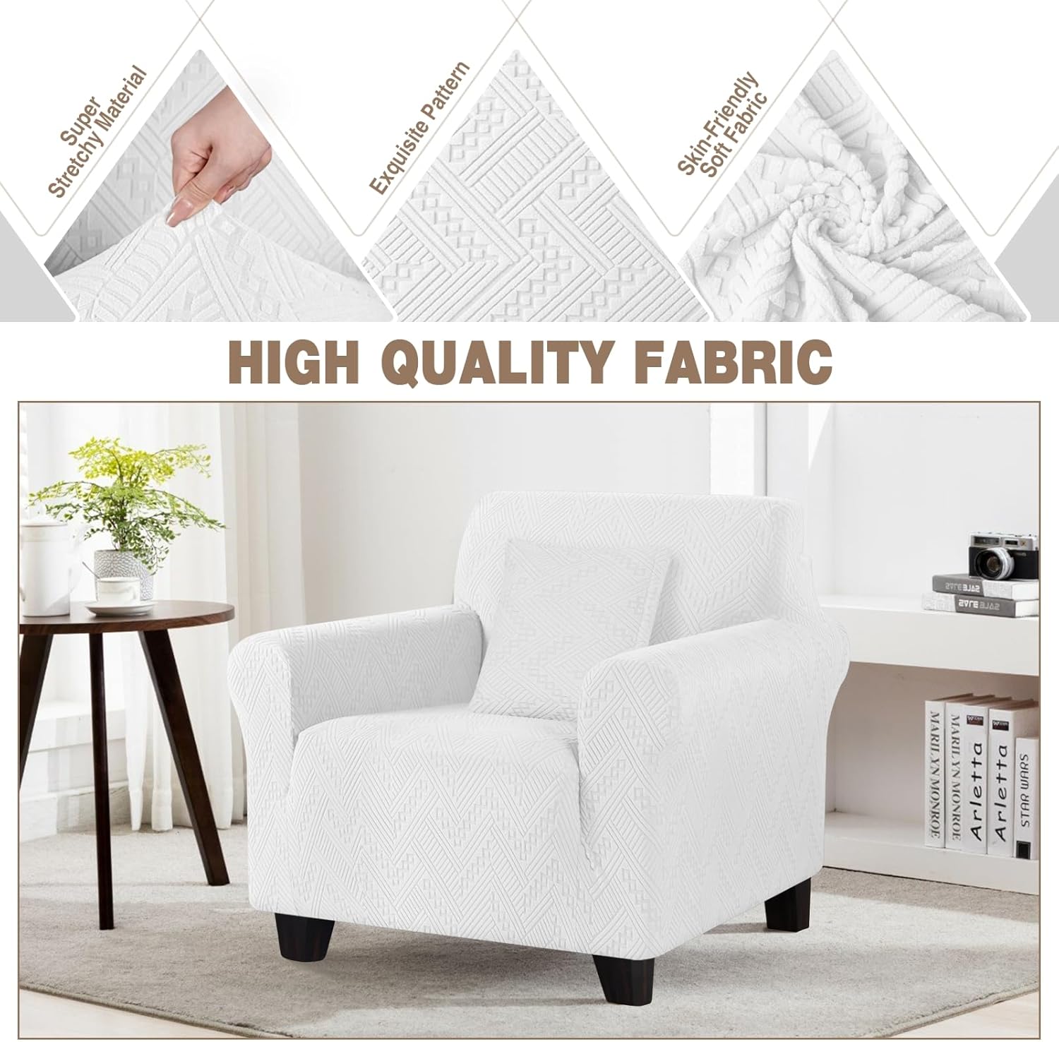 Ruaozz Stretch Chair Sofa Slipcover 1 Piece Chair Cover with Arms Non Slip Armchair Cover Soft Jacquard Furniture Protector with 1 pcs Throw Pillow Cover (1 Seater, Ivory)