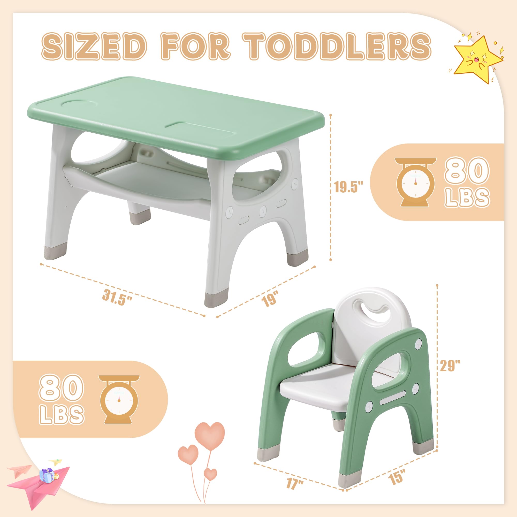 SINKIPA Kids Table and 2 Chairs Set, Toddler Activity Table Set with Storage Shelf, Toddlers Table and Chairs Set with Anti-Slip Foot Covers, Tables for Reading, Drawing, Eating, Playing
