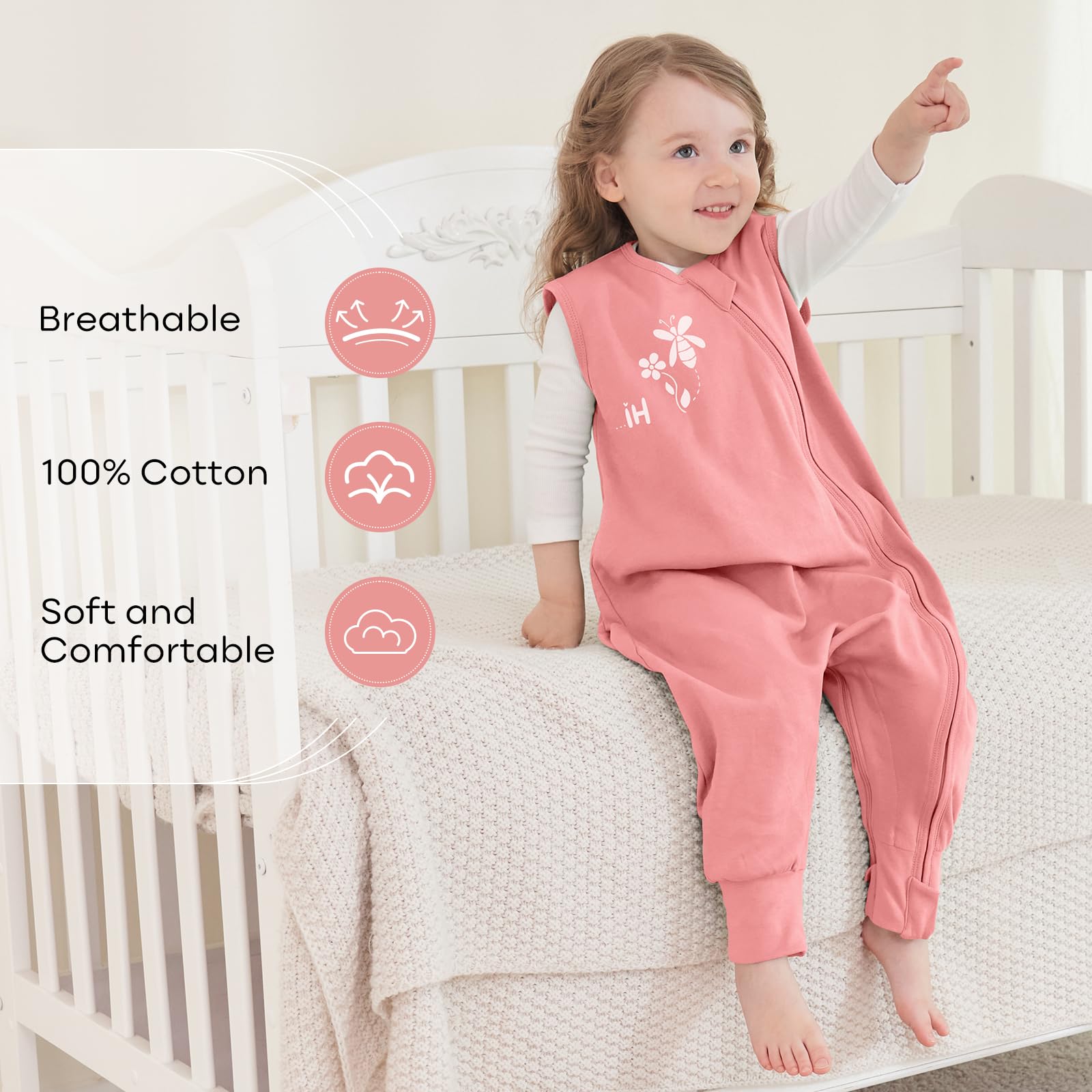 Yoofoss Baby Sleeping Bag with Leg 100% Cotton 0.5 TOG 2 Pack Toddler Sleep Sack with Feet for Walkers 2-Way Zipper Wearable Blanket for Toddler 18-36 Months Pink - Image 3