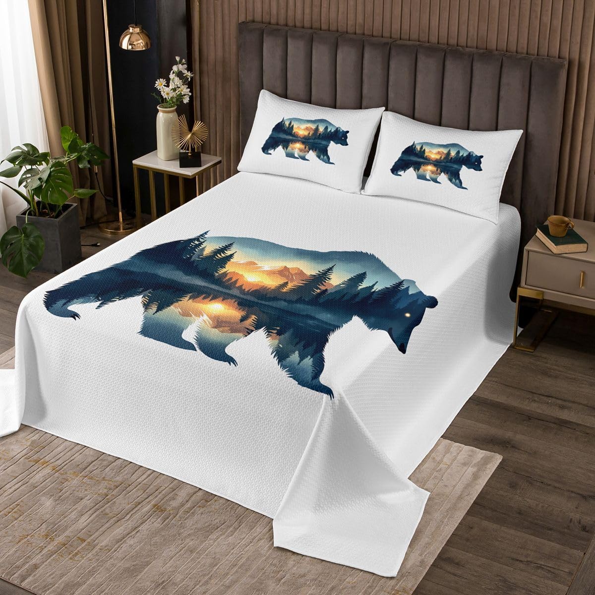 Xmas Bear Kids Bedspread Queen Size,Mountain Pine Tree Wildlife Pattern Coverlet Set,Teens Women Bedroom Decor,Country Nature Lodge Style Quilted Coverlet,White Bule Bedding Quilt,2 Pillowcases