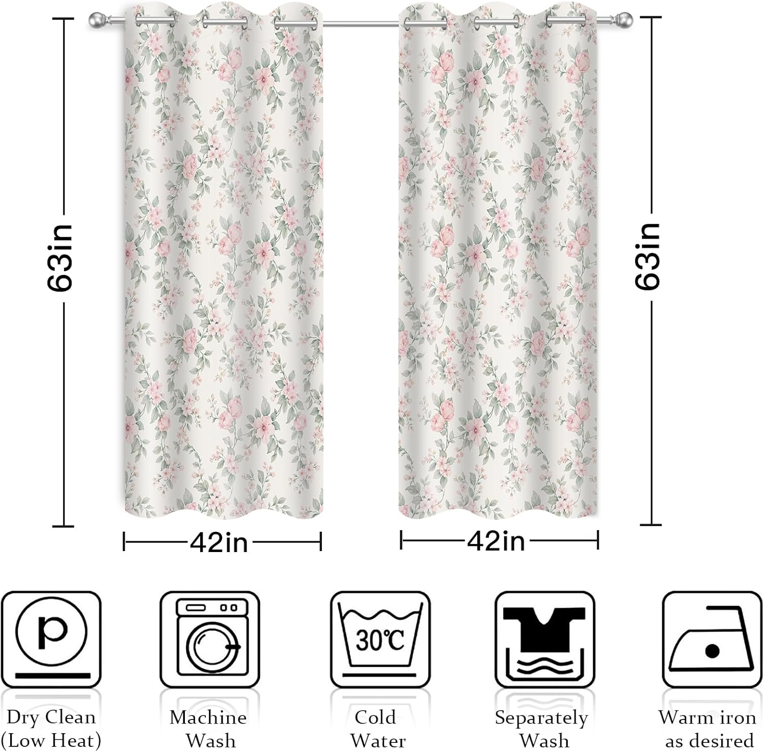 Pink Floral Blackout Curtains for Bedroom Living Room, Vintage Rose Flower Botanical Window Curtains, Soft Polyester Darkening Drapes with Grommets, 2 Panels Set 42x63 Inch