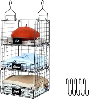 3 Tier Foldable Closet Hanging Organizer with Name Plate, Clothes Hanging Shelves with 5 S Hooks, Wall Mount&Cabinet Wire ...