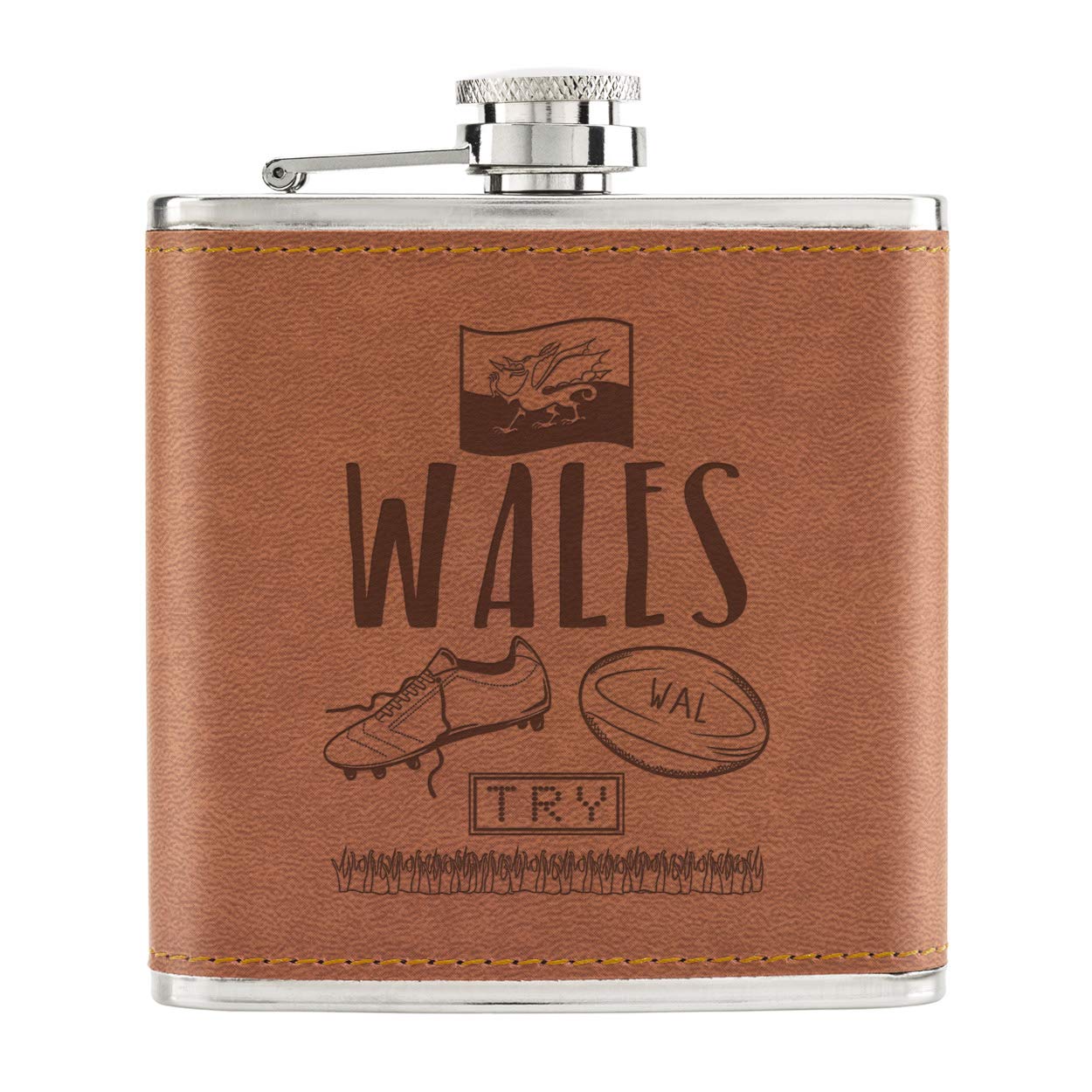 Rugby Wales 6oz PU Leather Hip Flask Tan