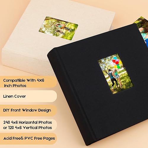 Miniatura 2 de Álbum de fotos de 4 x 6 pulgadas, 240 fotos con espacio de escritura, álbum de fotos de 4 x 6 pulgadas, cubierta de lino con ventana frontal, 240