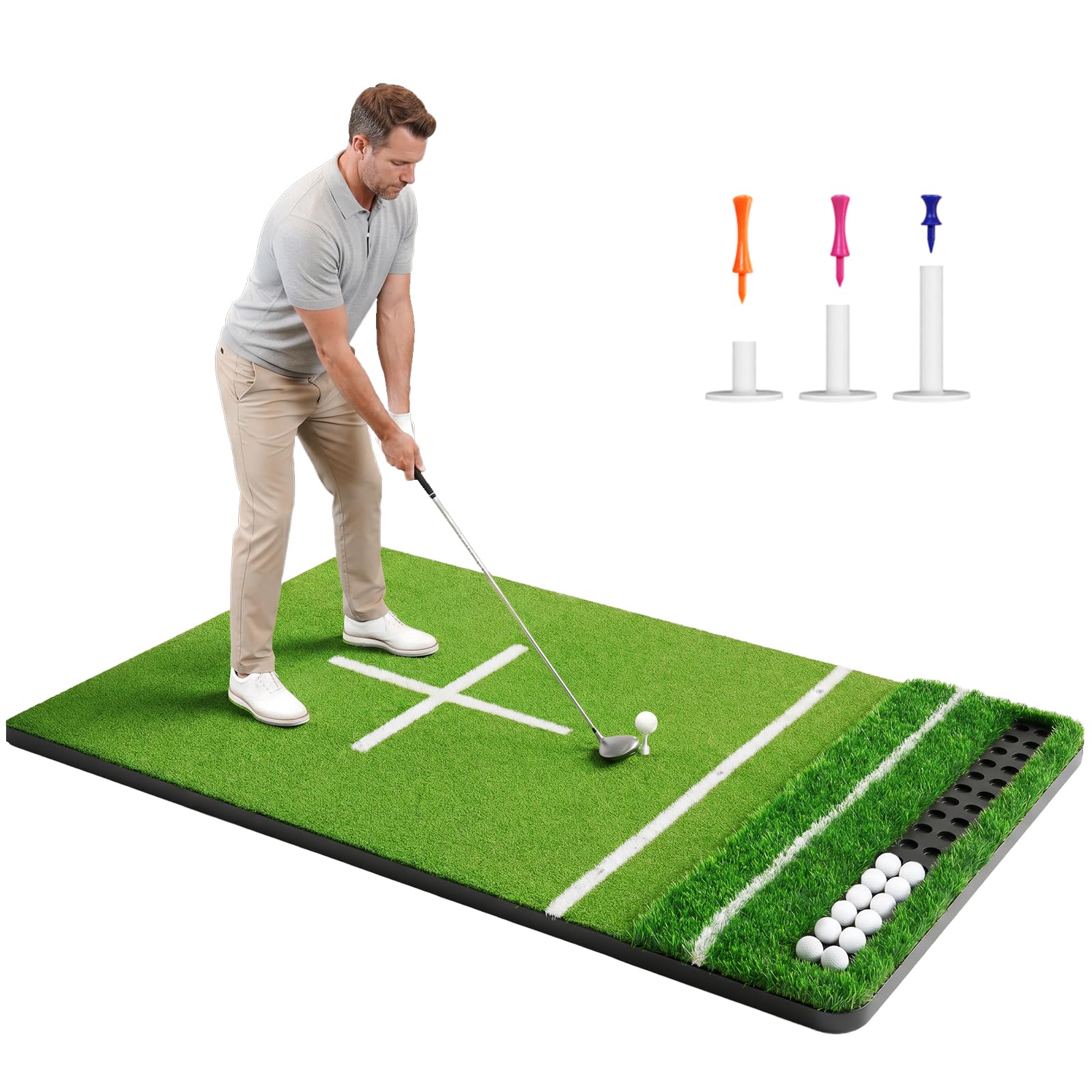 Photo 1 of Golf Mat & Hitting Mat: 5.2 x 4ft, 6 x 4ft Practice Outdoor/Indoor 21 to 50mm Turf Mats with Ball Tray – All-in-One Hitting Mats for Golf Practice, Perfect for Garage/Backyard