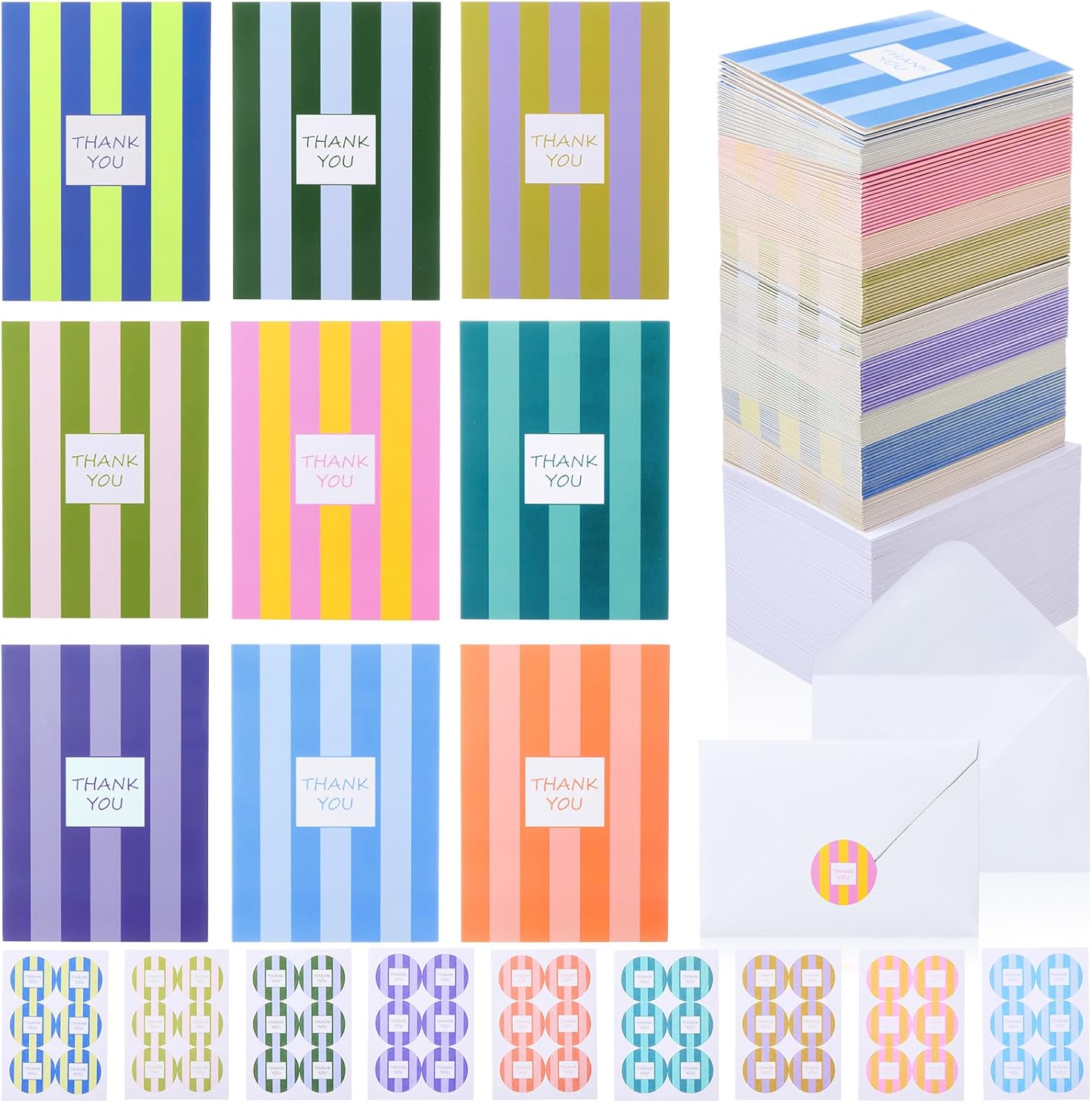Gueevin 144 Pcs Palm Beach Thank You Cards with Envelopes & Stickers Bulk, 9 Striped Designs 3.5 x 5 Thank You Decor Notes Blank Greeting Sheets Cards for Handwritten Messages, Gratitude Notes, Gifts