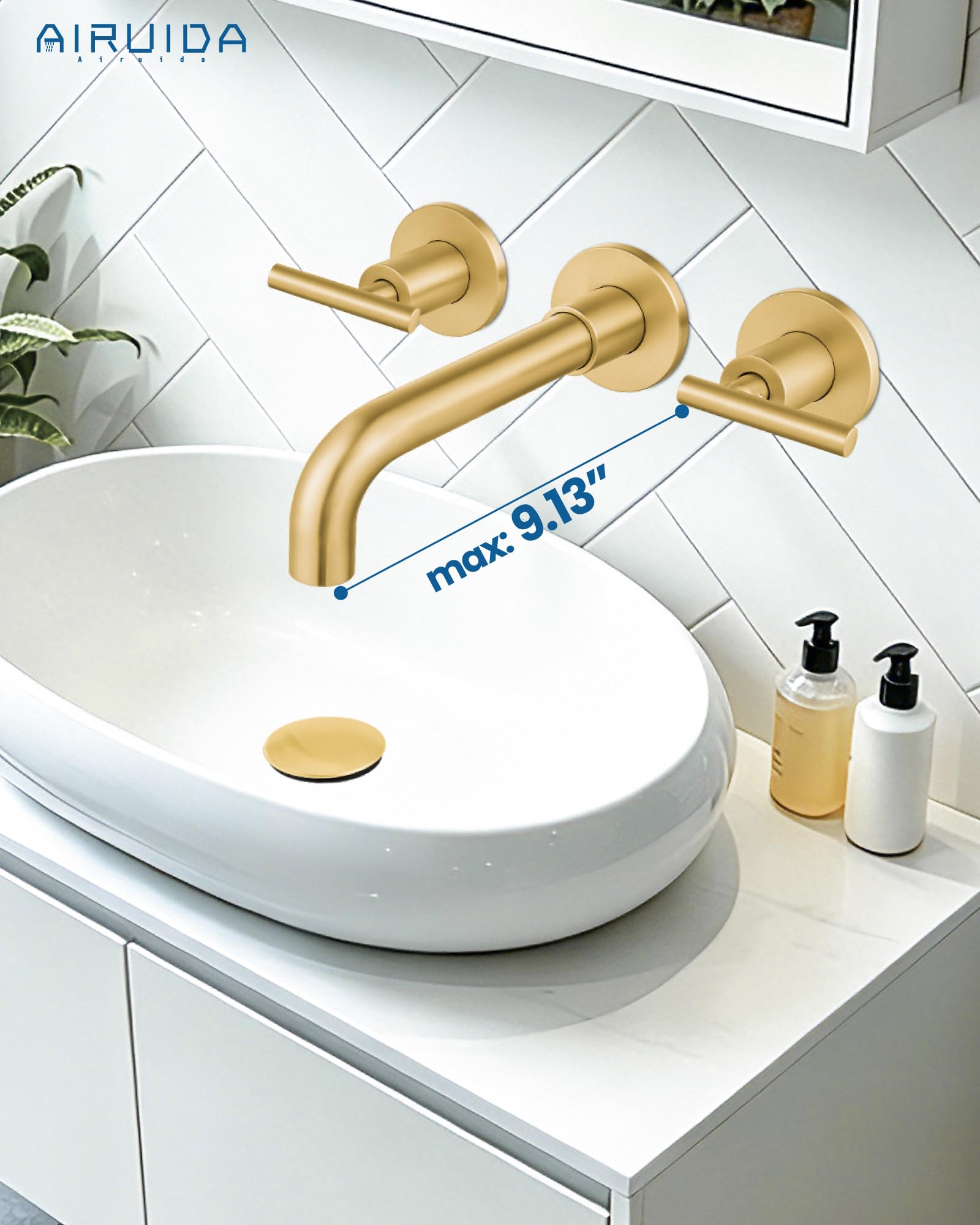 Grifo de lavabo de baño de oro cepillado de 3 agujeros, doble mango, boquilla giratoria 360, montaje en pared, bañera relleno áspero en válvula, Airuida