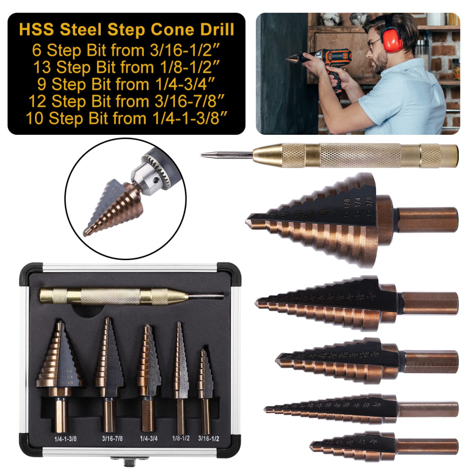 6Pcs Drill HSS High Speed Steel Step Drill Bits for Metal Wood Hole Cutter Core Drill Bit Set Triangle Shank Hole Metal Drills