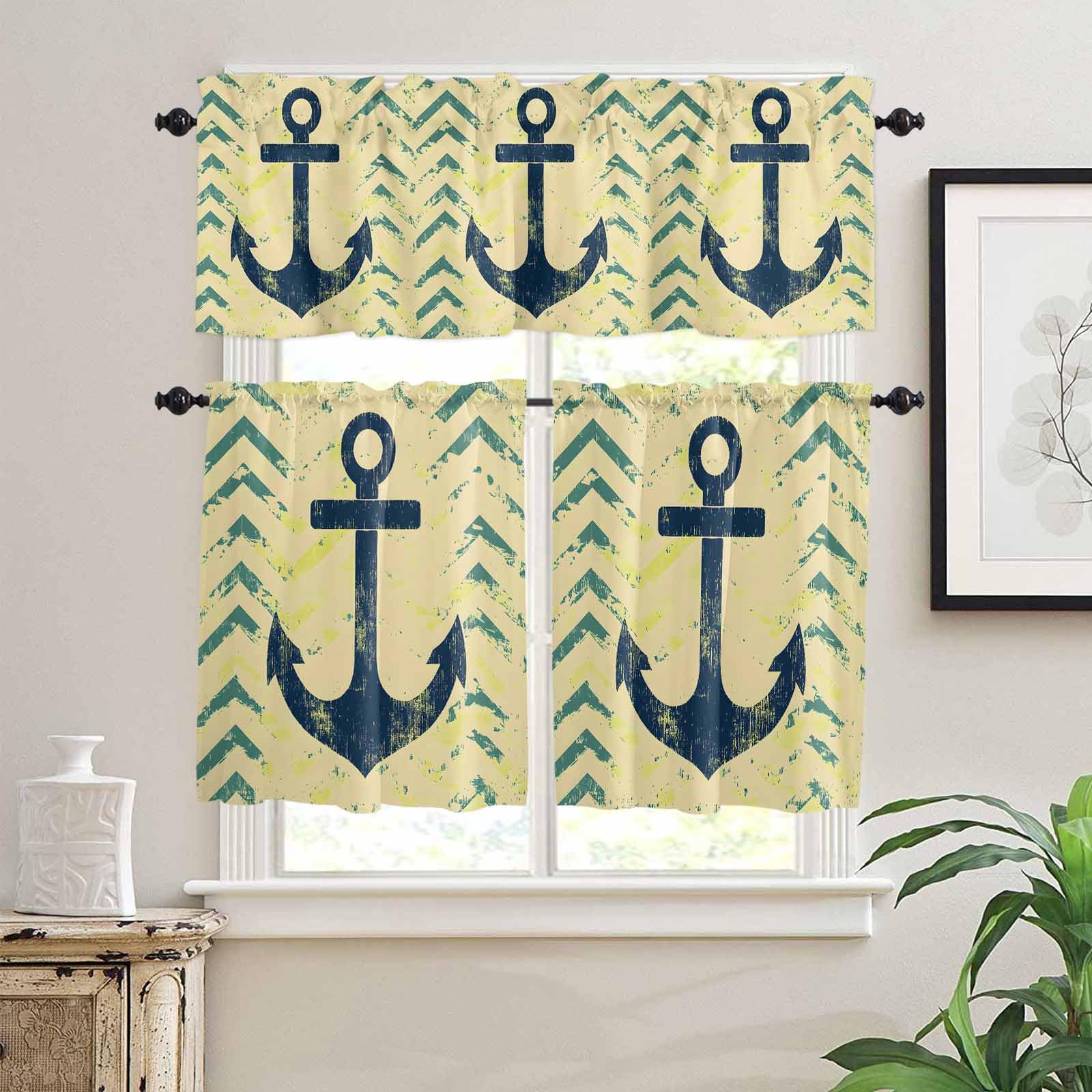 Anchor Nautical Kitchen Curtains 36 Inch Length, 3 Piece Rod Pocket Small Half Tiers and Valance Set, Green Yellow Wave Stripe Retro Small Large Window Treatment Decor for Bedroom/Bathroom Sink