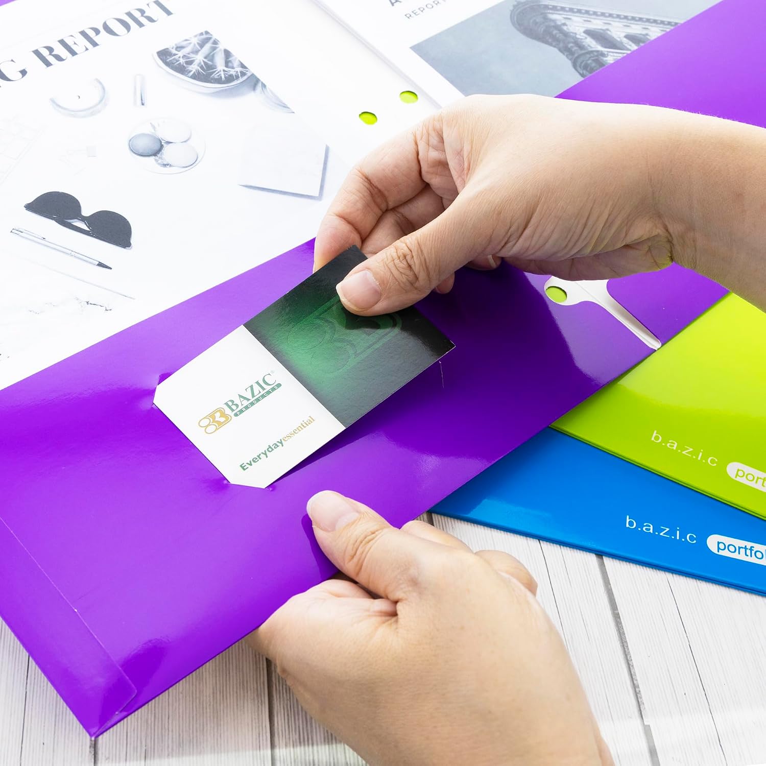 BAZIC Products 2 Pockets Paper Folder, Bright Laminated Portfolio 3 Hole Binder, Letter Size Folders Holder for Office Business Document Papers Organizer, 6-Pack