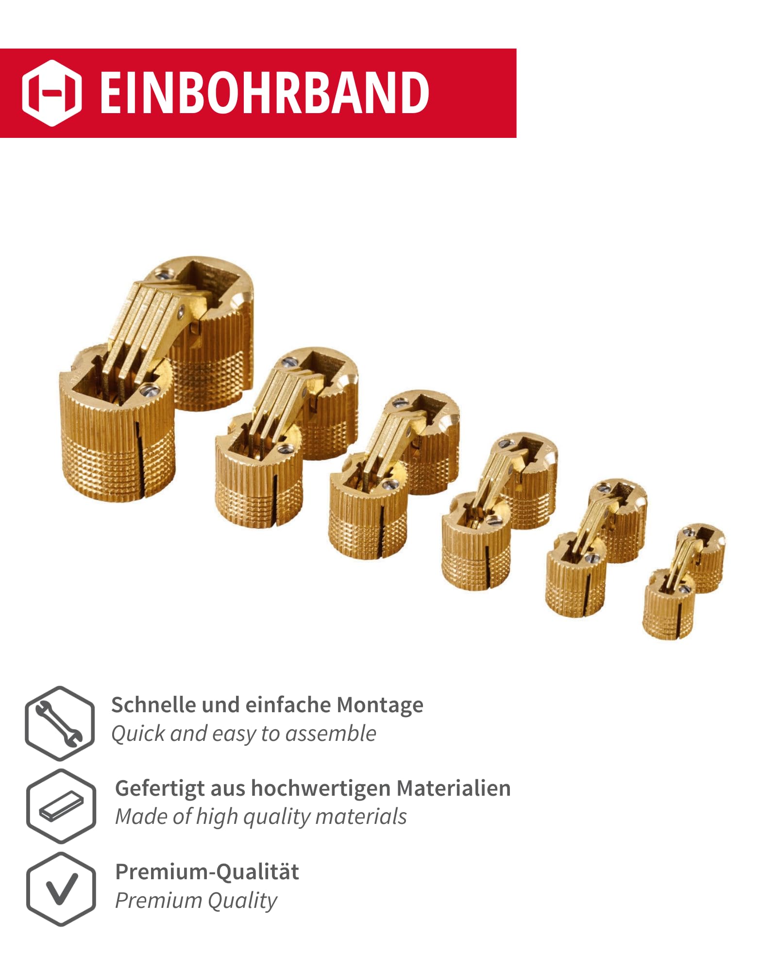 Gedotec Scharniere - verdecktes Einbohrscharnier | 4 Stück Möbelscharniere aus Messing | ZYSA | Einbohrband für Holz-Dicke 31-40 mm | Schrankscharnier rund für Bohr-Ø: 24 mm | Öffnungswinkel 180°