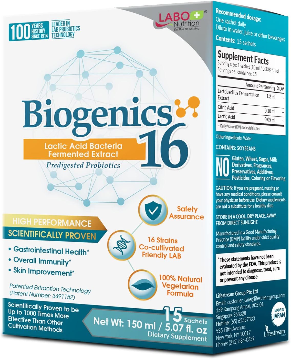 Biogenics 16–Lactic Acid Bacteria Fermented Extract, 1000x More Effective, Gut Health Support Beyond Probiotics & Prebiotics, Improve Intestinal Skin and Immune Health, 10mlx15 sachets