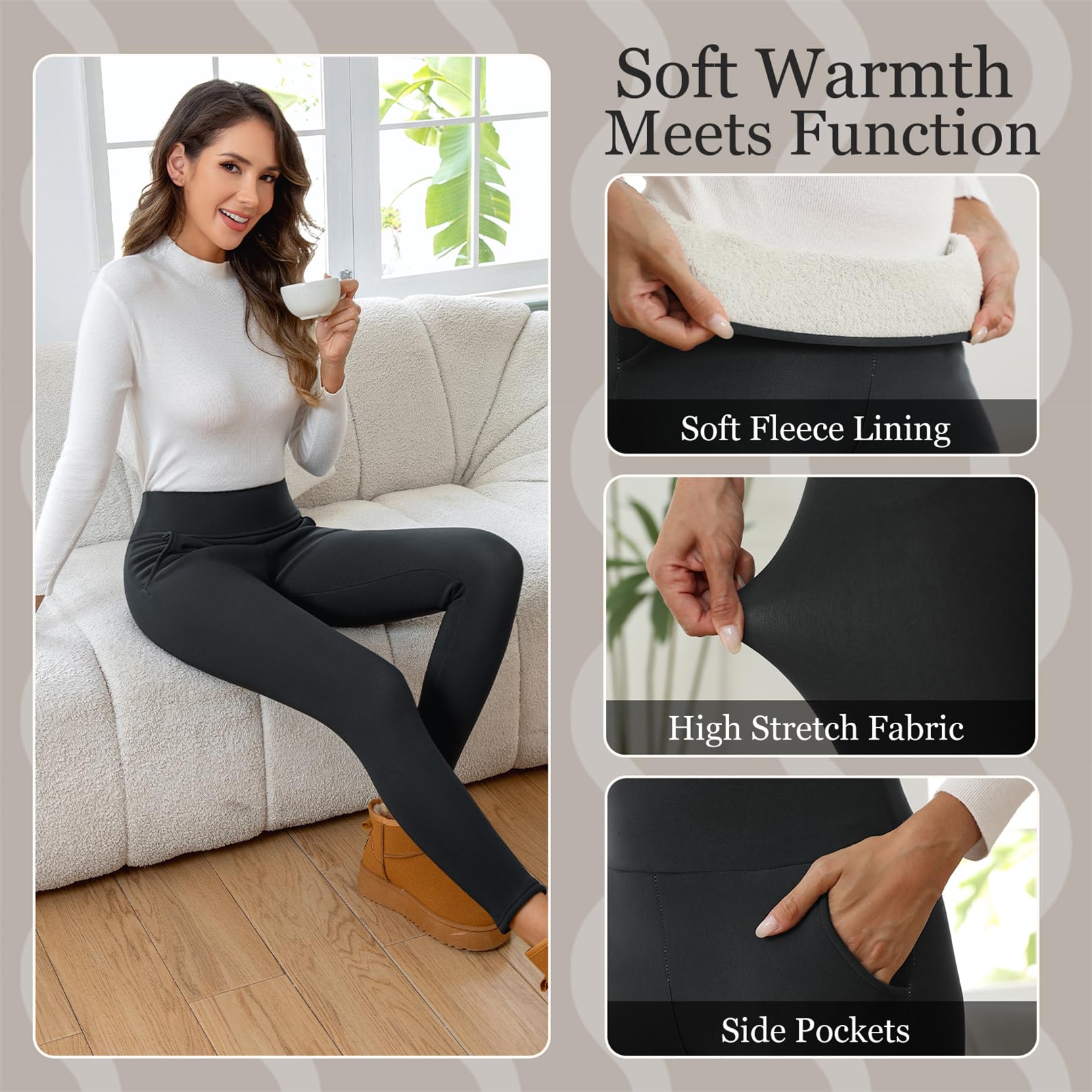 EDOTON Leggings da Donna a Vita Alta Caldi Pantaloni Invernali con Tasche Fodera in Pile per Sport e Yoga