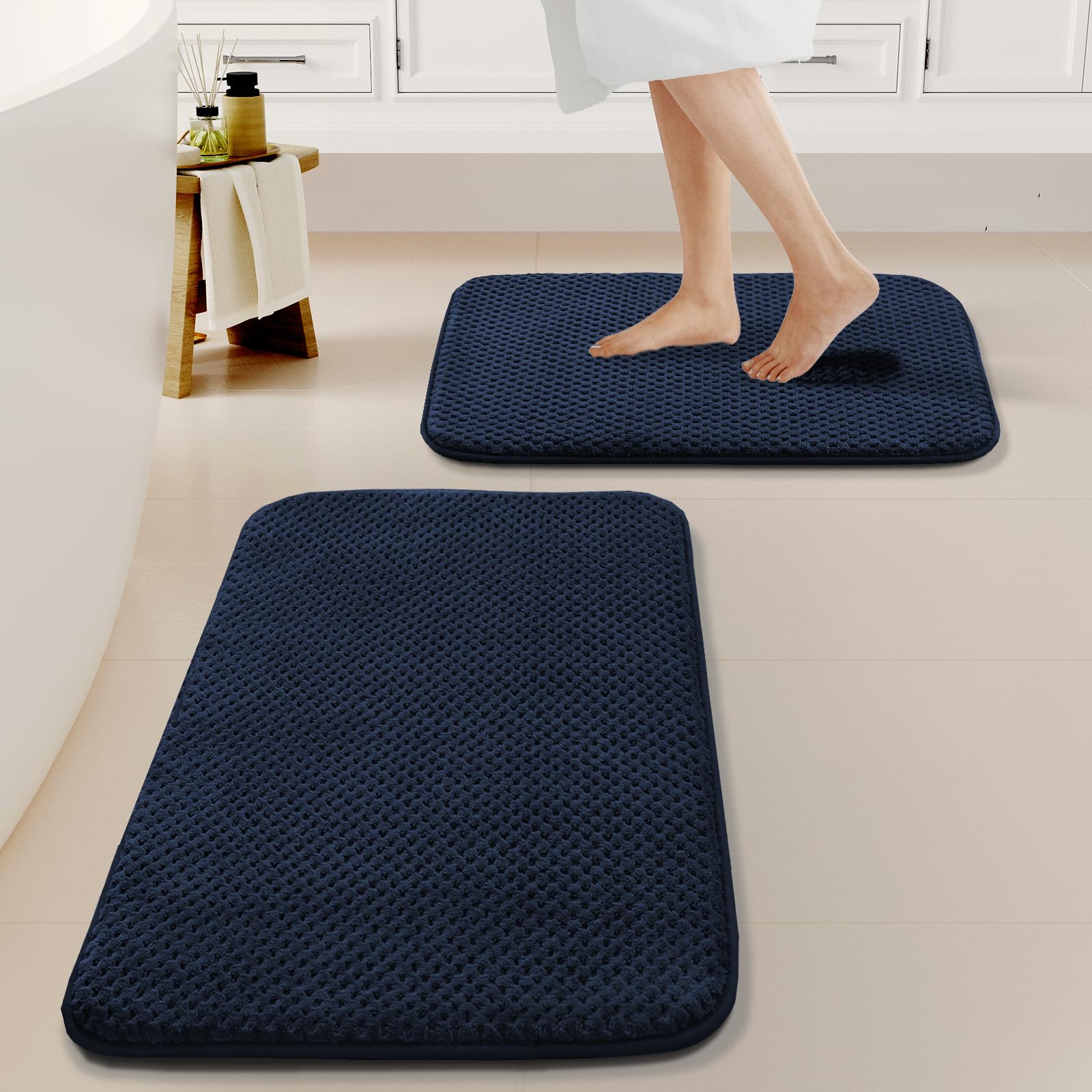 H.VERSAILTEX Navy Blue Bathroom Rugs Sets 2 Piece Memory