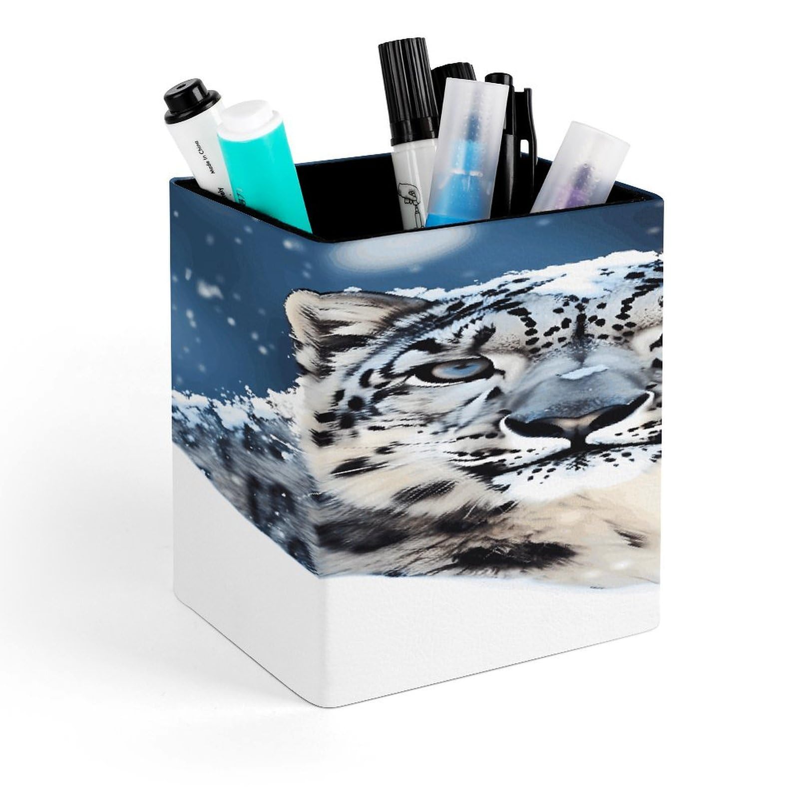 LZQPOEAS Blue Eyed Snow Leopard Square Pen Pencil Holder PU Leather Pencil Cup Desktop Stationery Organizer Office Accessories Container