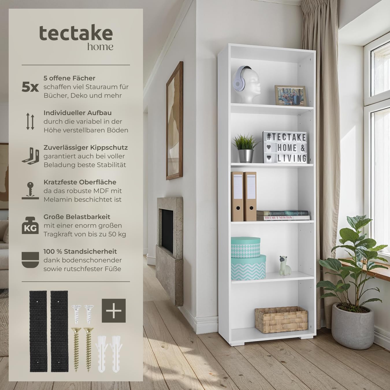 tectake® Bücherregal, Regal Holz, Standregal mit 5 offenen Fächern für Bücher, CD Regal, als Wohnwand Wohnzimmer, Home Office oder Büro, als Küchenregal oder Kinderregal - weiß