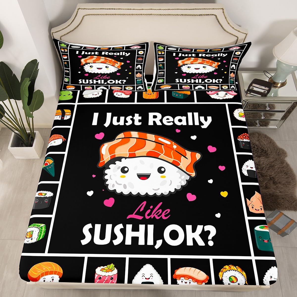 Kawaii Sushi Fitted Sheet Double Size, Japanese Style Bedding Set 3pcs for Kids Girls Boys, Geometric Checks Grid Patchwork Bed Cover with 2 Pillowcases, Soft Polyester Bedding