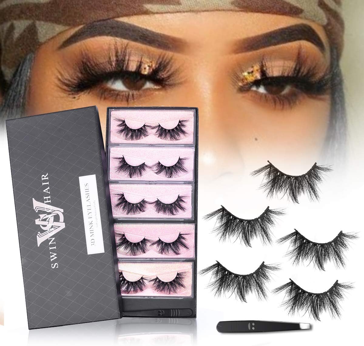SWINGINGHAIR Mink Lashes Pack, 25mm 5 Pairs Eyelashes Mink Long Dramatic False Eyelashes Wispies Luxury Eyelashes Hand Made Fluffy Fuax Mink Eyelashes with Tweezer Eye Lashes for Women