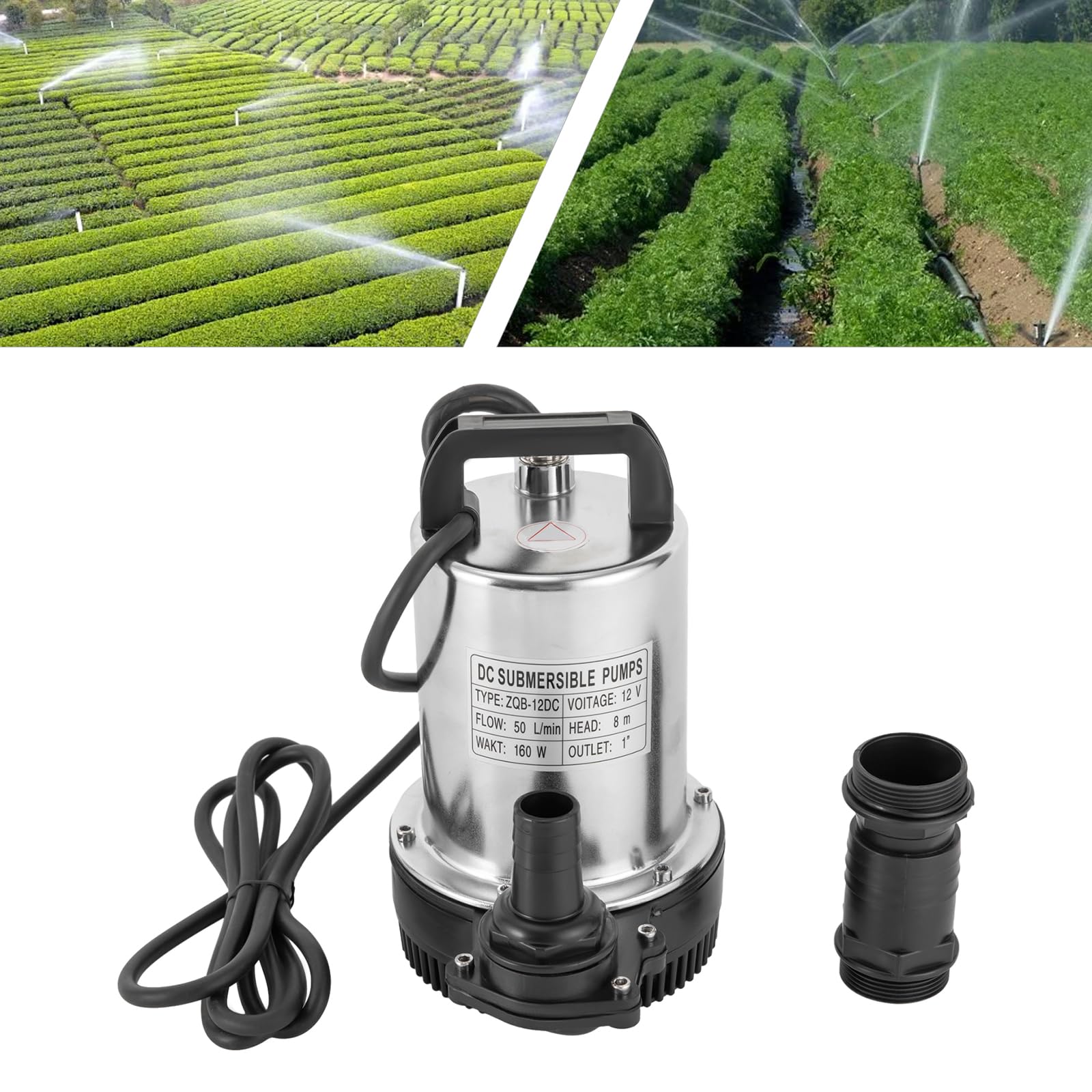Pompa głębinowa 12 V, 160 W, kolor chromu, 6000 l/h, pompa brudnej wody z 3 średnicami wylotowymi, wysokość tłoczenia 9 m, do ogrodu i nawadniania