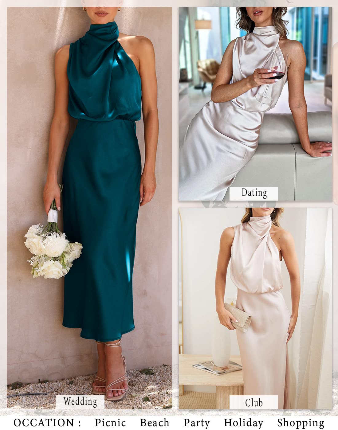 MIRGLER Damska satynowa elastyczna sukienka maxi z wysokim stanem dla gości weselnych wieczorem przyjęcie koktajlowe elegancka formalna sukienka maxi