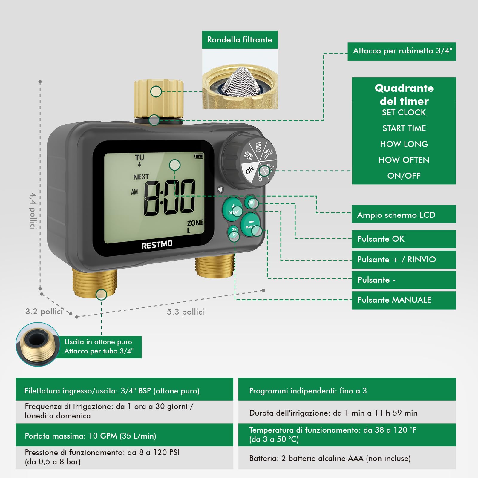 RESTMO Computer di Irrigazione a 2 Zona con Chip RF e Telecomando | Automatico/Manuale/Ritardo della Pioggia, Timer di Irrigazione, Per Tubo da Giardino, Rubinetto dell'Acqua Esterno, Prato