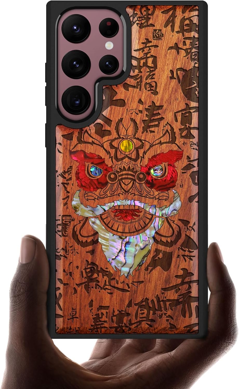 Carveit Designer Wooden Cover for Samsung Galaxy S22 Ultra Case [Wood Engraving & Shell Inlay] Compatible with Wireless Chargers S22 Ultra (Chinese Lion Dance-Rosy)