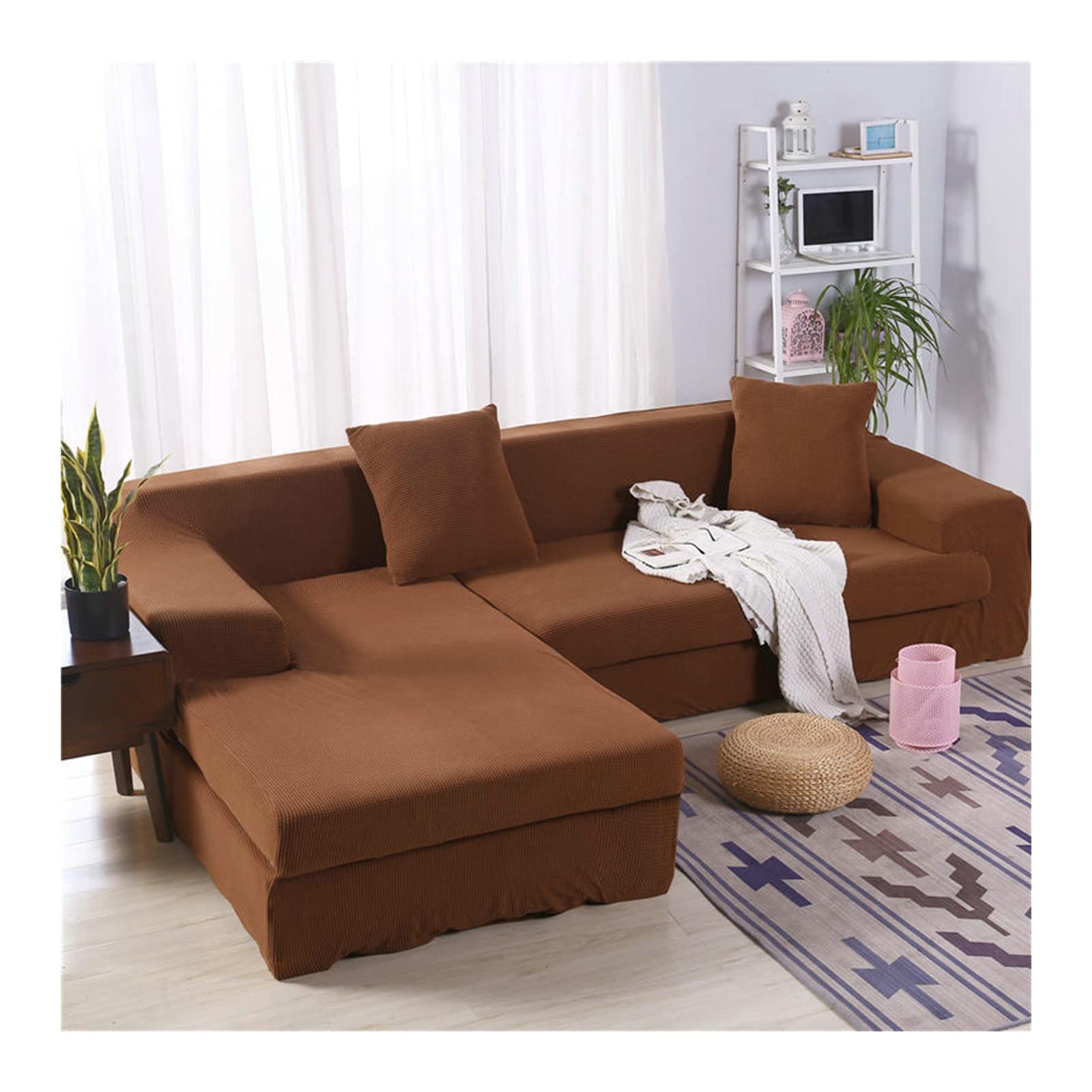 KnSam Sofabezug, Couchbezug Europäisches Einfarbiges Polarfleece Polyester Sofahusse rutschfest Elastisch, Mit Fixierten Schaumstoffstreifen, Passend Für 2-3 Sitzer Sofa Sofabezüge Braun 145-185cm
