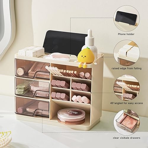 Miniatura 3 de Organizador de maquillaje para encimera con 3 cajones, organizador de escritorio multifunción para cuidado de la piel, brochas de maquillaje, lápiz