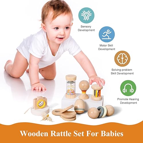 Miniatura 4 de WODI - Juguete de madera para bebé, 7 piezas, juguetes Montessori para bebés de 0-3-6-12 meses, juego de sonajeros de madera de mano para bebés con