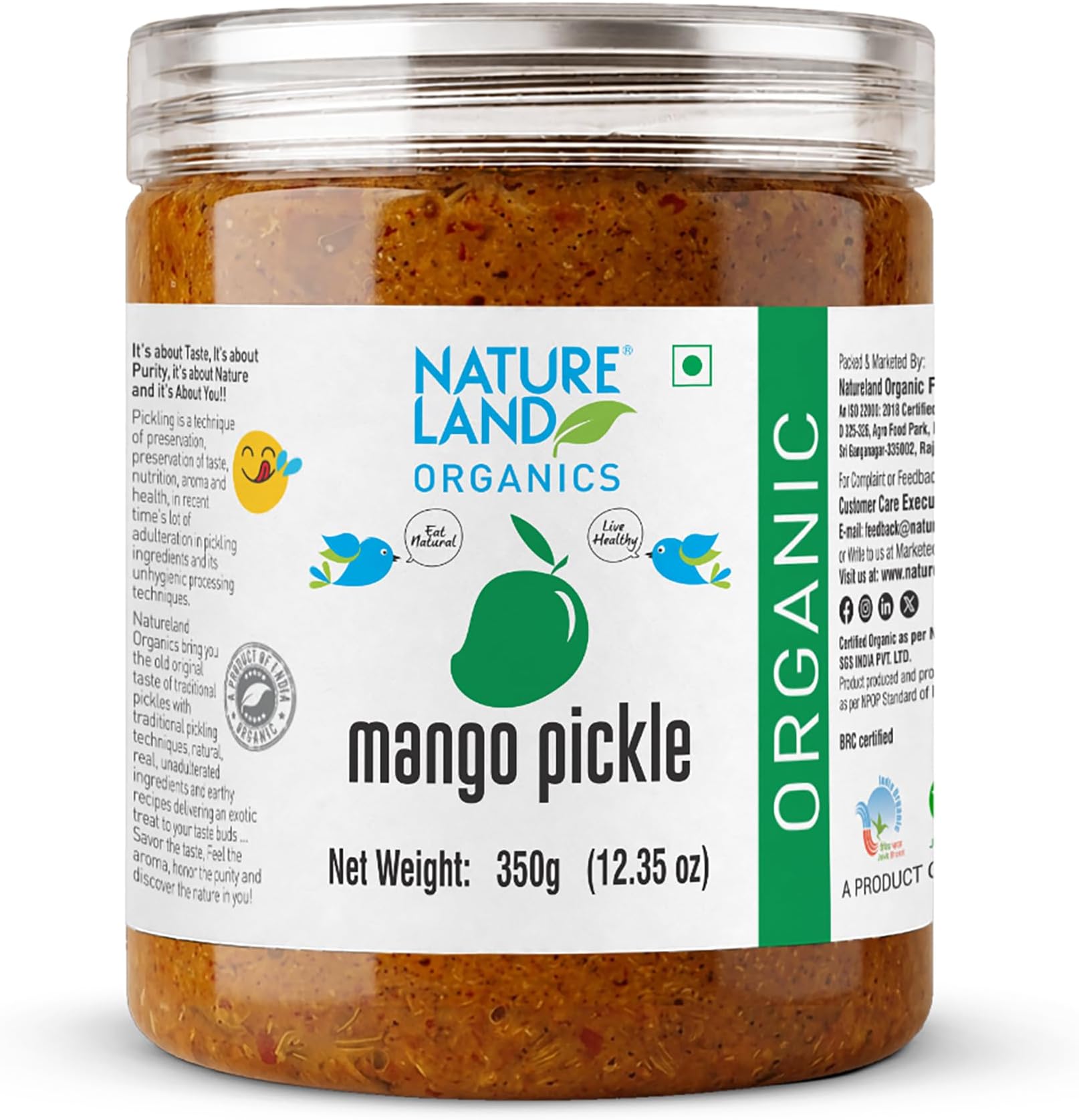 Natureland Organics Mango Pickle 350 Gm - Organic Healthy Pickles (packaging may vary)