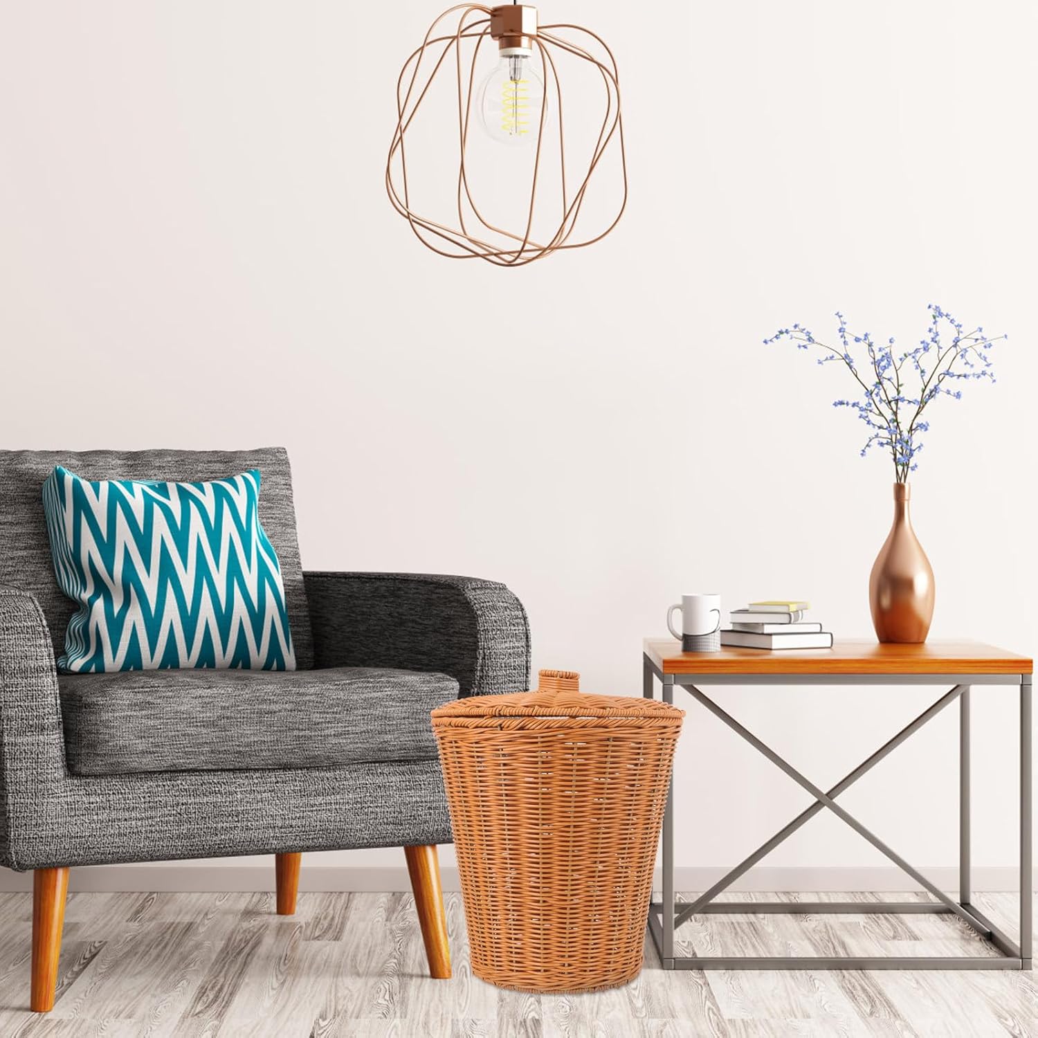 jojofuny Woven Laundry Basket with Lid, Multifunctional Decorative Sundries Storage Bin, Imitation Rattan Wastebasket for Home, Bedroom, Bathroom Organization
