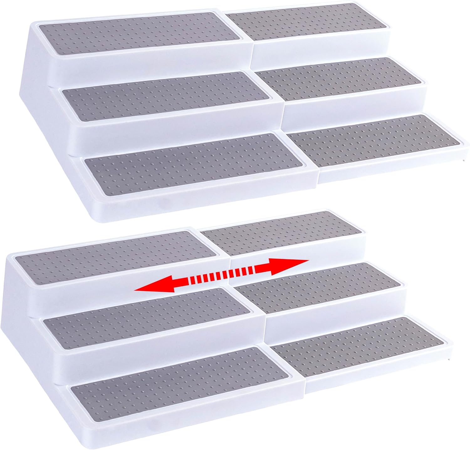 Oizeir Plastic 3-Tier Expandable Spice Rack, Adjustable Length, Stability with Non-Skid Shelf, For Easy Visibility, Organizer for Kitchen Cabinet, Pantry or Countertop, (2-Pack), White/Grey