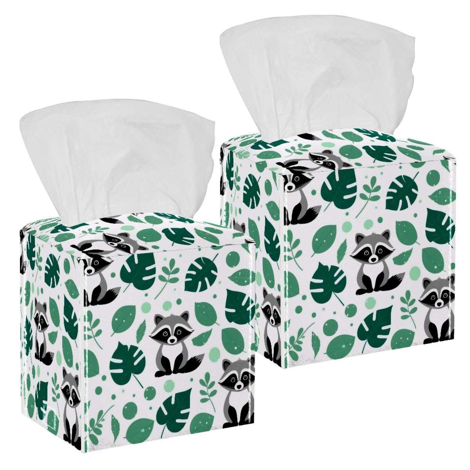 Raccoon Tissue Box Cover, 2 Pack PU Leather Square Facial Tissue Dispenser Box holder for Home Office Car