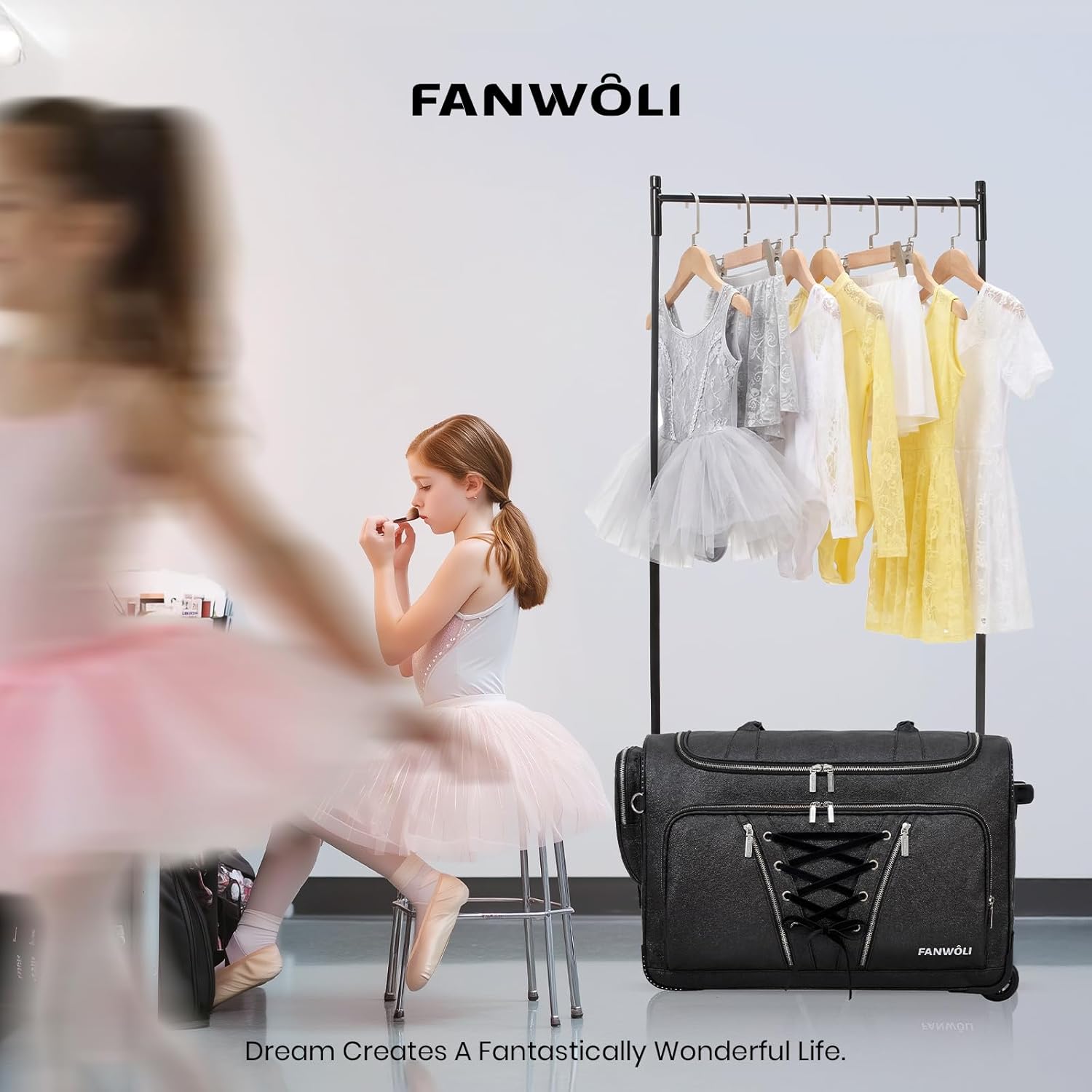 Fanwoli 23" Dance Bag with Garment Rack | Luminous Poise Collection | Waterproof Textured Shimmer | Competition Travel Duffel Luggage for Cheer, Skating, Gymnastics & Sleepover | Galaxy Black