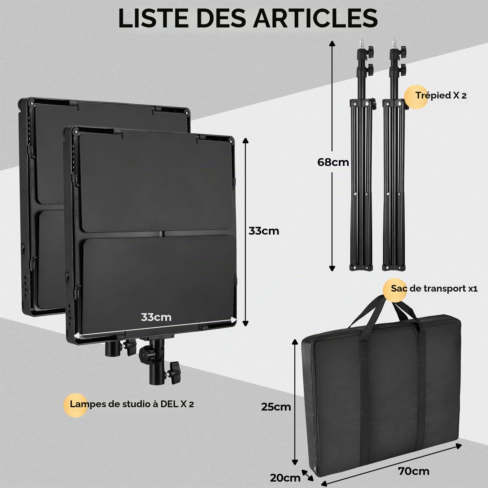 Lot de 2 LED Panneau Lumière Photo, 720 LED, avec Télécommande, 2 Trépied 195 cm, Bicolores Lampe vidéo, 3000-6300 K, Intensité Variable, pour Enregistrement vidéo, Streaming, Youtube (33x33 cm)