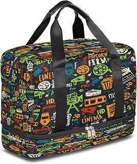 Bolsa de viagem para cinema, cinema, ripa de fim de semana, bolsa de mão, bolsa de mão, bolsa de ombro com compartimento para sapatos, para mulheres, homens, meninas, meninos, para academia, esportes, férias, essenciais, Multicor, M