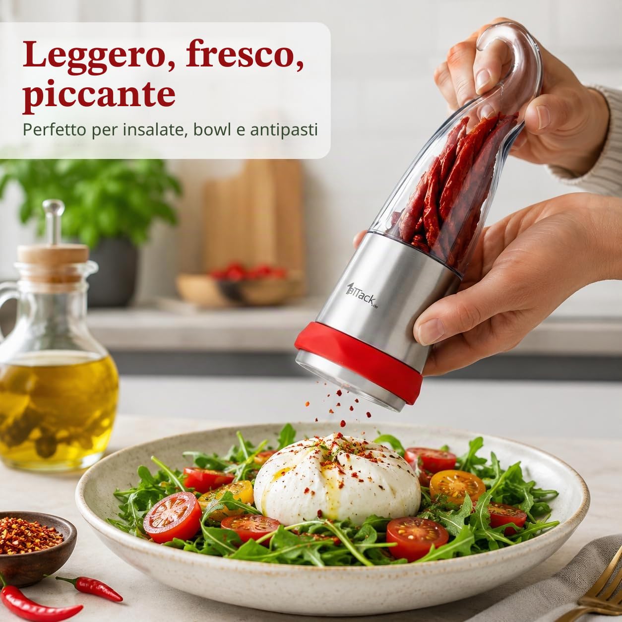 1aTTack.de Macinino per Peperoncino e Spezie, per Fiocchi e Peperoncini Secchi, Macinaspezie Originale a Forma di Peperoncino per Cucina e Tavola, 80 ml