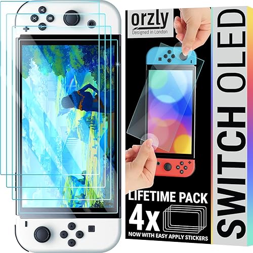 Orzly Glass Screen Protector for Nintendo Switch OLED 2024 Console Accessories (Pack of 4) - Tempered Glass Life time Edition