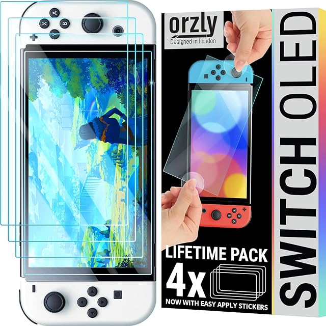 Orzly screen protectors bundle for Nintendo switch OLED console 2021 model - 4 Pack tempered glass with easy installation accessories Lifetime edition