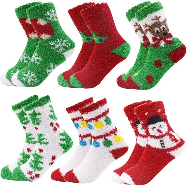 October Elf 6 Pairs Adult Christmas Holiday Socks Warm Winter Cozy Socks Fuzzy Socks With Plus Size And Anti-Slip Bottom