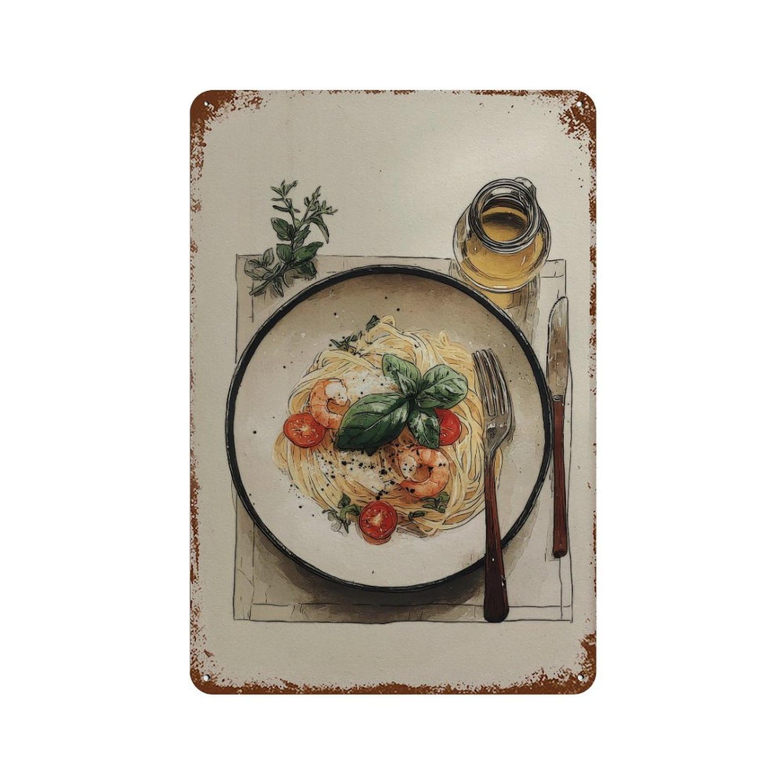 xiaoxiaoshen Food Handdrawn Pasta Illustration on Matte Paper Wall Decor Art Metal Tin Poster Modern Home Decor Art Home Bar Shop Decorations Vintage Sign 30x20cm