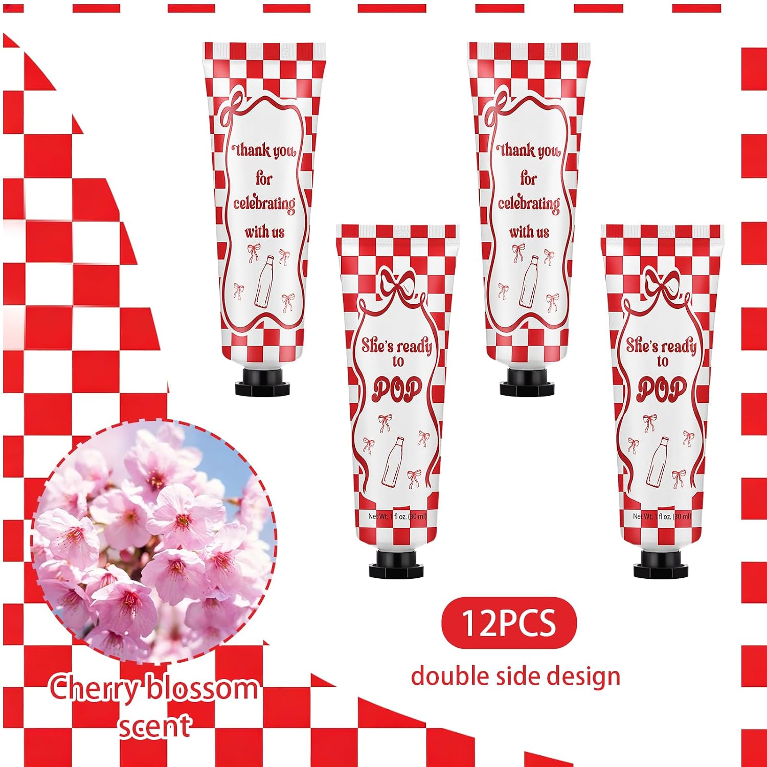 Loopeer 50 Pcs Ready to Pop Baby Shower Hand Cream Favors Red Checkered Mini Lotion Gifts Travel Size Double Sided Hand Lotion Party Favors for Guests Baby Shower Thank You Gifts