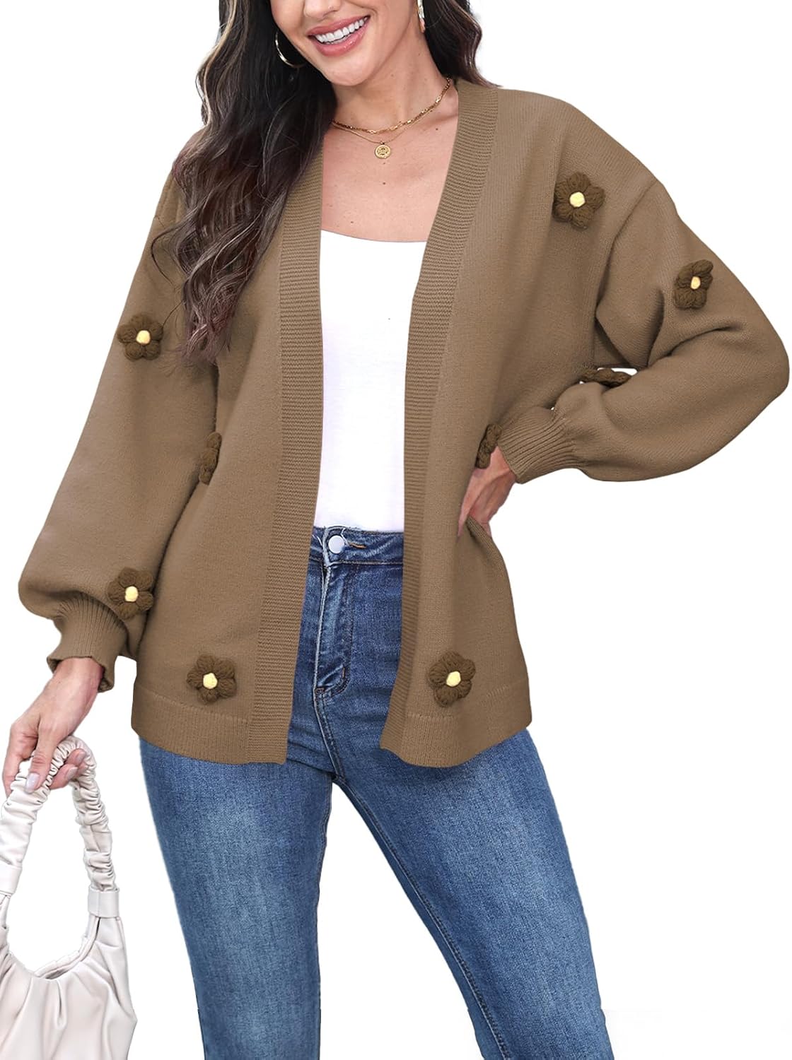 Women's Boho Crochet Cardigan Oversized Open Front Long Sleeve Floral Embroidery Knit Sweater