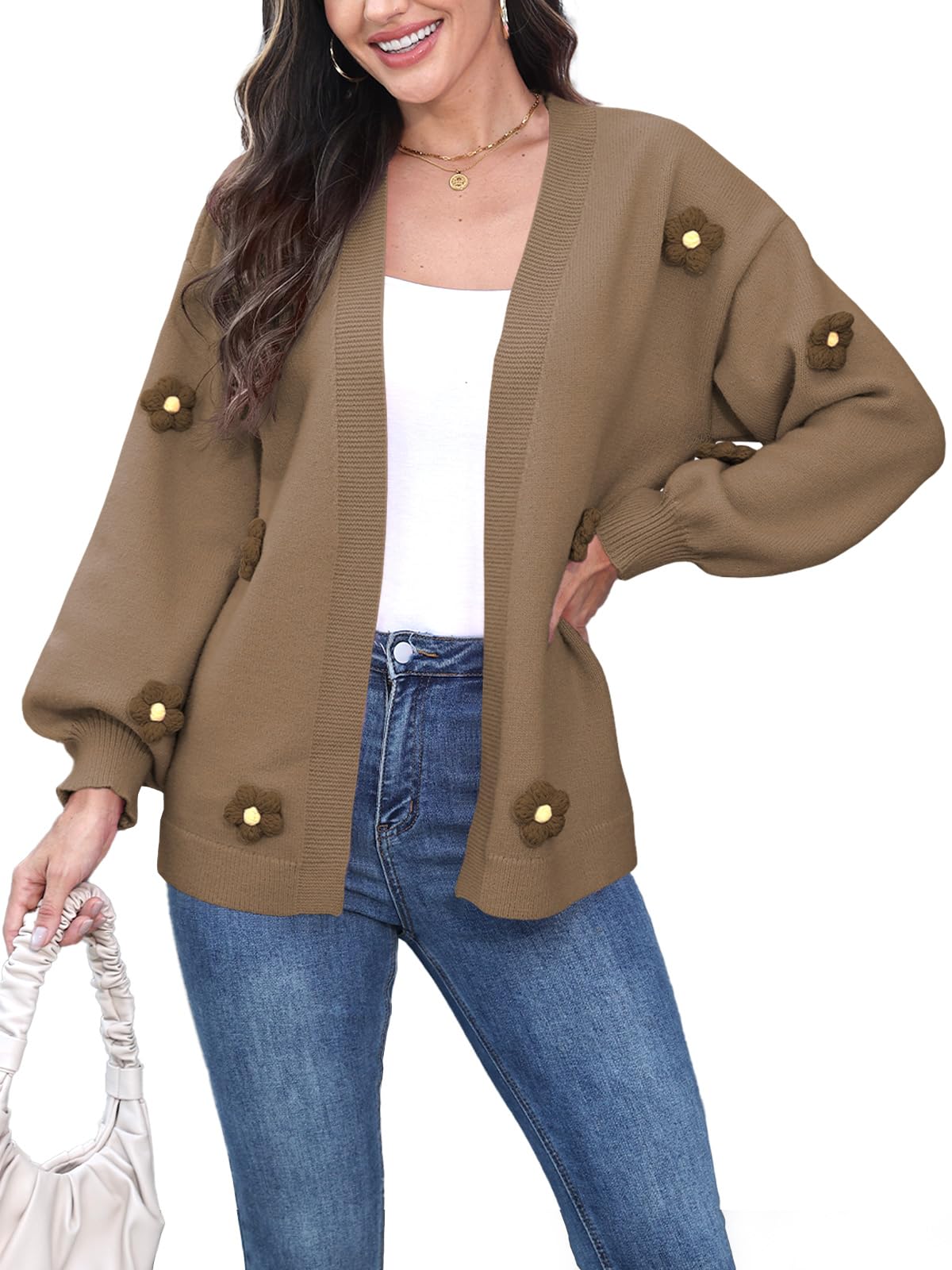 Womens Boho Crochet Cardigan Oversized Open Front Long Sleeve Floral Embroidery Knit Sweater
