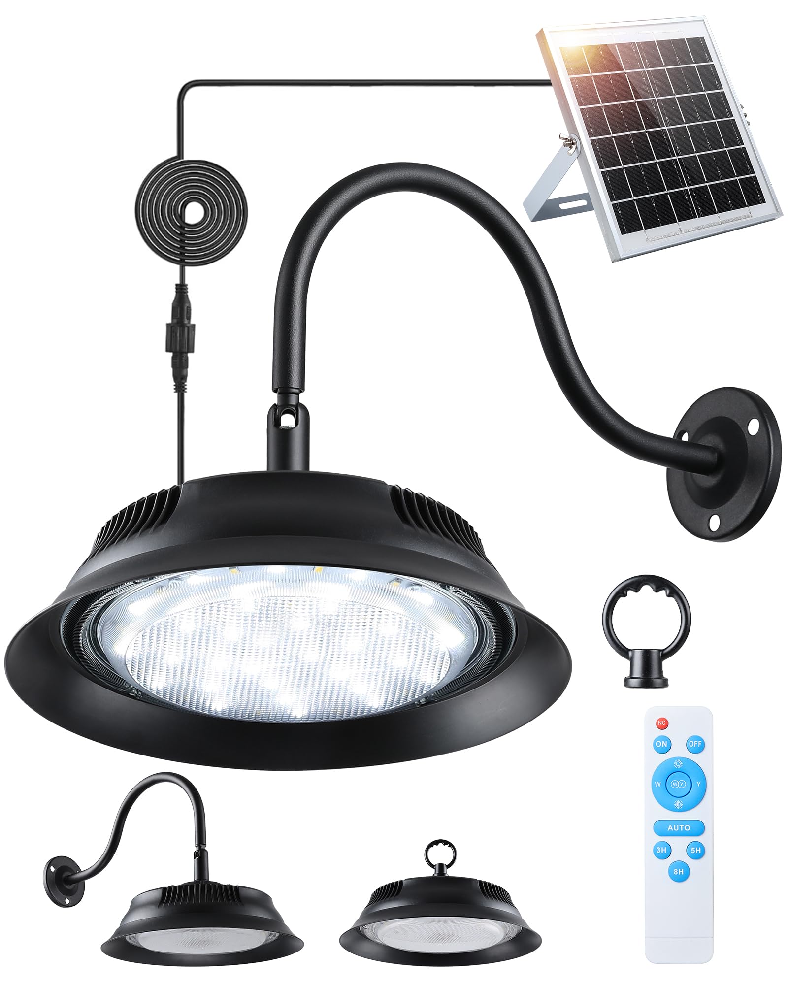 Lampe Solaire Extérieure Intérieure avec Télécommande Minuterie, 3 Températures de Couleur, Luminosité Réglable 5000mAh Installation Murale Suspension pour Jardin Allée Garage Pergola