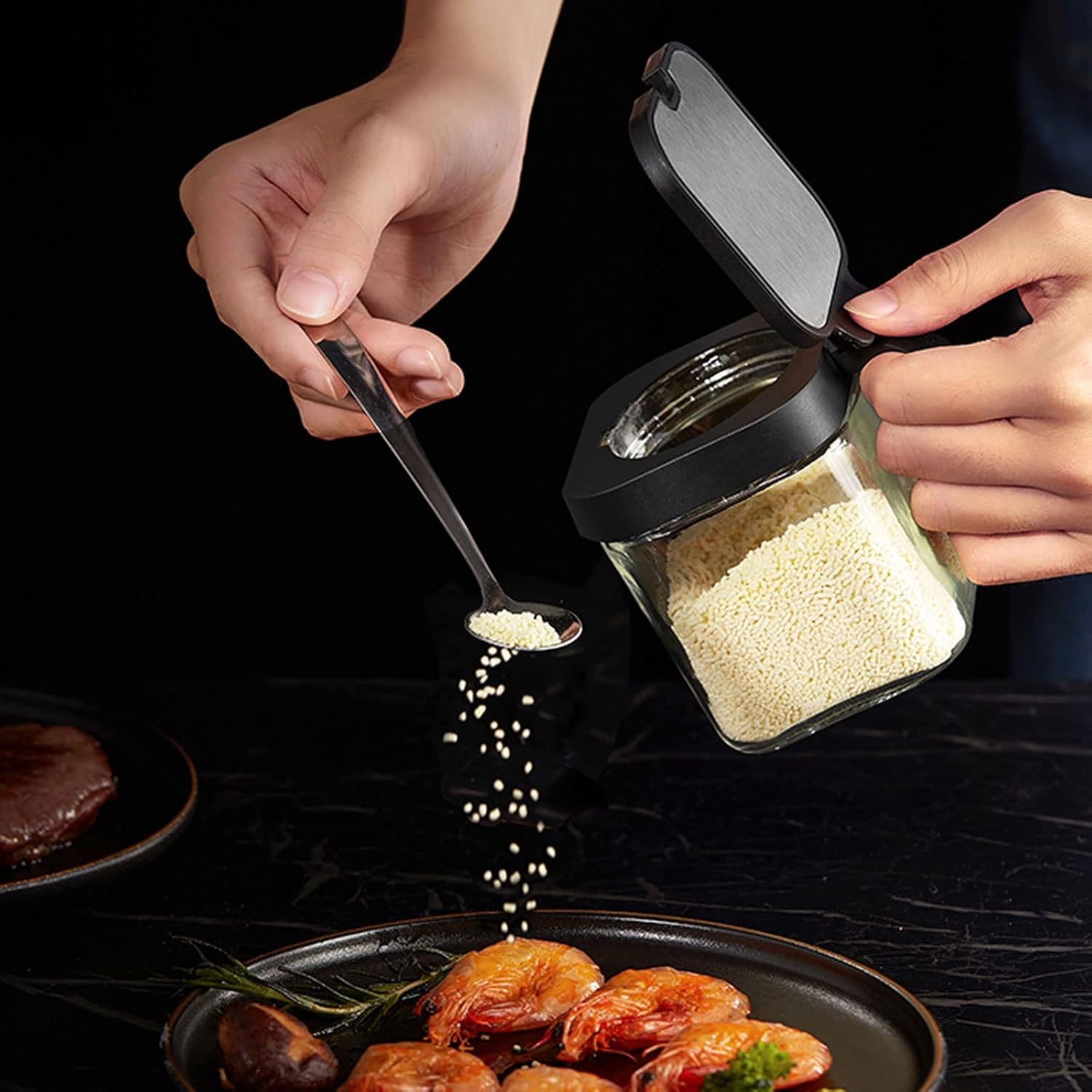 Spice boxs Transparent Glass Seasoning Jar Box，Seasoning for Kitchen, Counter, Food Storage，Size:110 * 75 * 90mm(255ml)