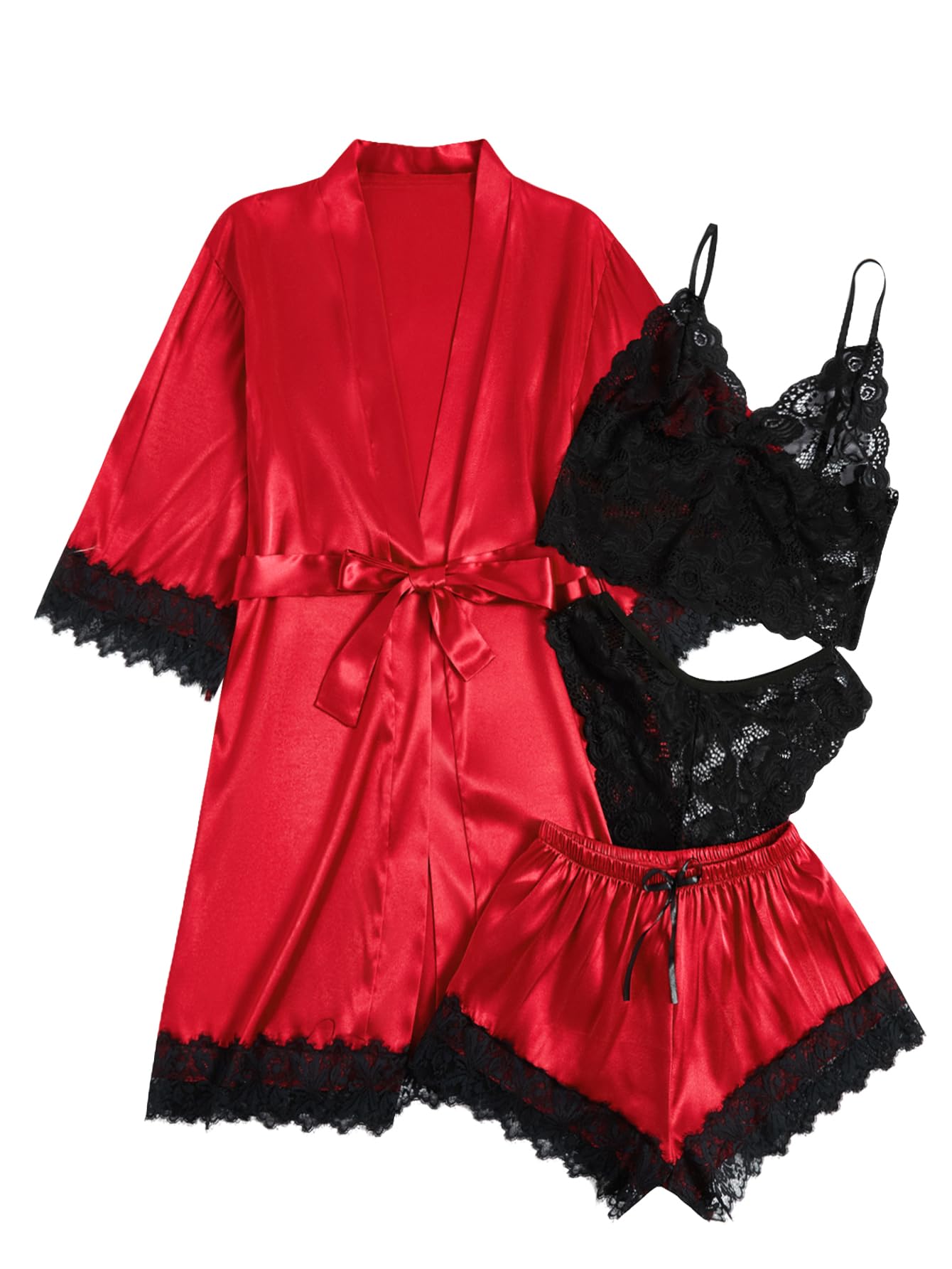 WDIRARA Women's Silk Satin 4pcs Pajamas Set Sleepwear with Robe